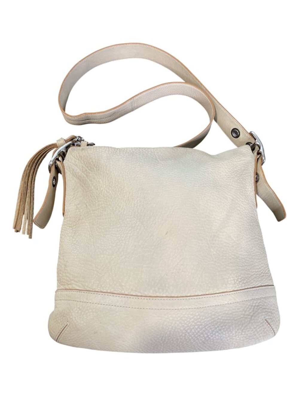 Coach Pebbled Leather Crossbody Bag With Front Zipper Pocket Messenger Beige